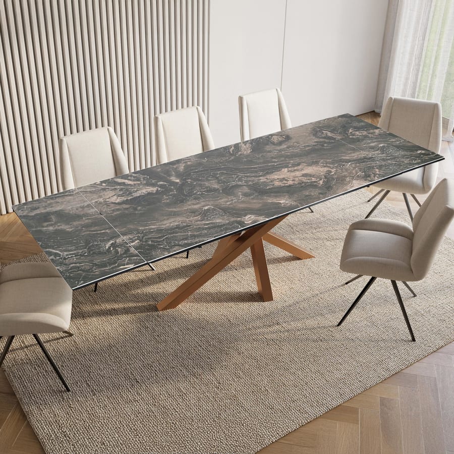 Table &agrave; manger rectangulaire extensible effet marbre gris pieds en m&eacute;tal dor&eacute;